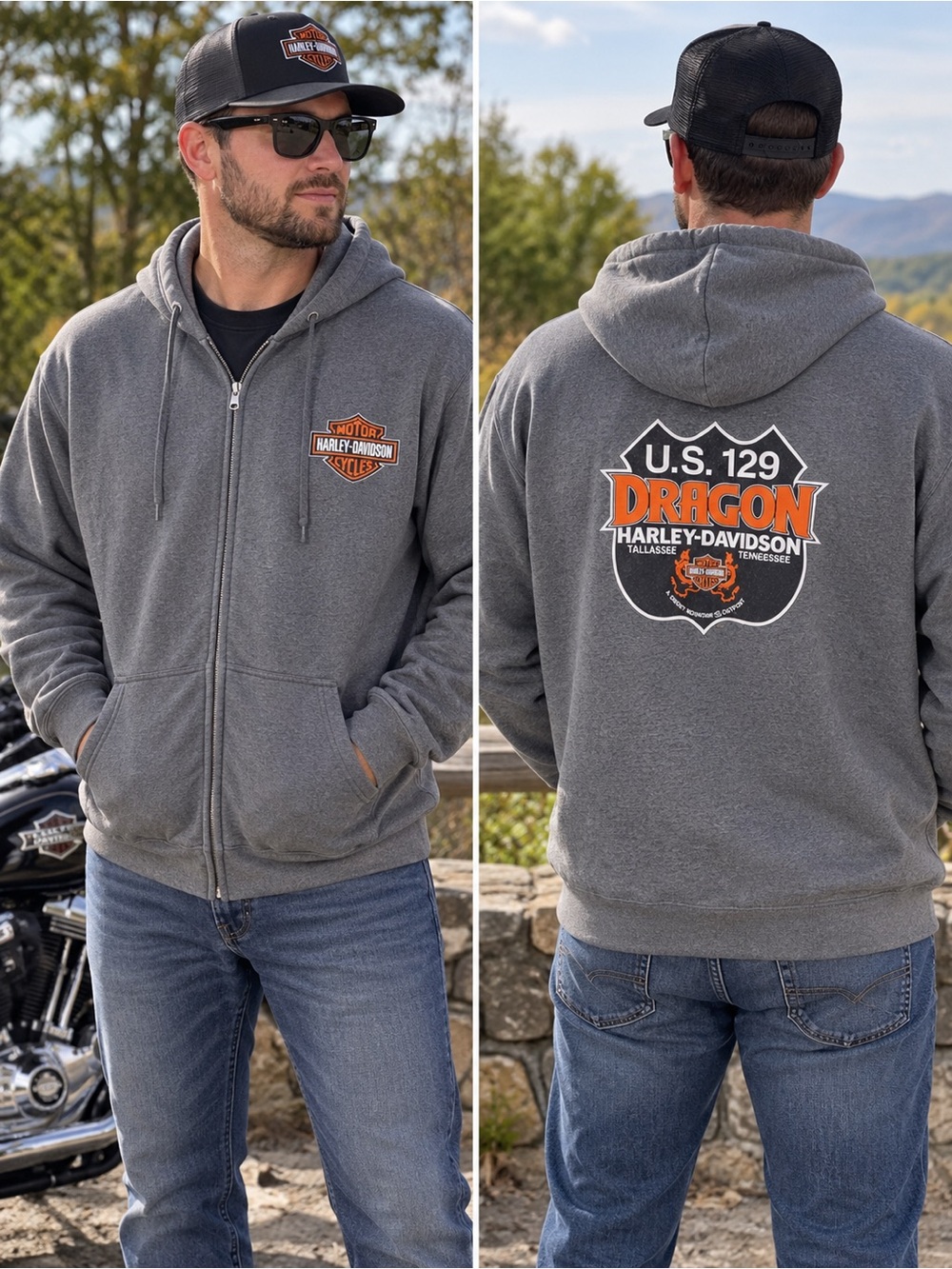 Harley-Davidson XL Full Zip Hoodie U.S. 129 Dragon Tallassee Tennessee Gray